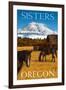 Horses and Mountain - Sisters, Oregon-Lantern Press-Framed Art Print