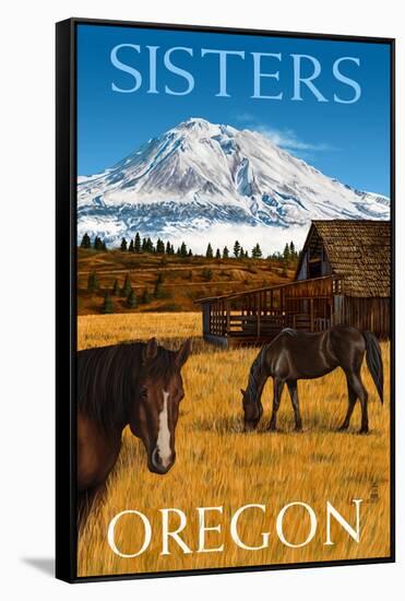 Horses and Mountain - Sisters, Oregon-Lantern Press-Framed Stretched Canvas