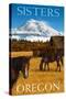 Horses and Mountain - Sisters, Oregon-Lantern Press-Stretched Canvas