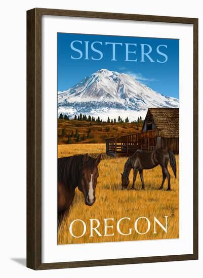 Horses and Mountain - Sisters, Oregon-Lantern Press-Framed Art Print