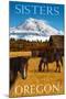Horses and Mountain - Sisters, Oregon-Lantern Press-Mounted Art Print