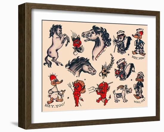 Horses & Devils, Authentic Tattoo Flash by Norman Collins, aka, Sailor Jerry-null-Framed Art Print