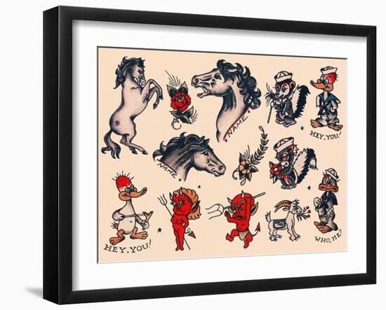 Horses & Devils, Authentic Tattoo Flash by Norman Collins, aka, Sailor Jerry-null-Framed Art Print