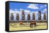Horses Grazing at the 15 Moai Restored Ceremonial Site of Ahu Tongariki-Michael-Framed Stretched Canvas