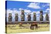 Horses Grazing at the 15 Moai Restored Ceremonial Site of Ahu Tongariki-Michael-Stretched Canvas