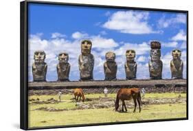 Horses Grazing at the 15 Moai Restored Ceremonial Site of Ahu Tongariki-Michael-Framed Photographic Print