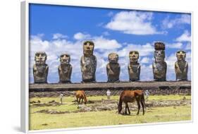 Horses Grazing at the 15 Moai Restored Ceremonial Site of Ahu Tongariki-Michael-Framed Photographic Print