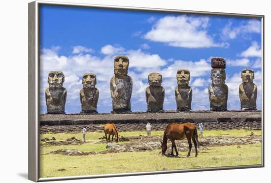 Horses Grazing at the 15 Moai Restored Ceremonial Site of Ahu Tongariki-Michael-Framed Photographic Print