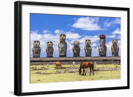 Horses Grazing at the 15 Moai Restored Ceremonial Site of Ahu Tongariki-Michael-Framed Photographic Print