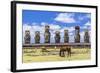 Horses Grazing at the 15 Moai Restored Ceremonial Site of Ahu Tongariki-Michael-Framed Photographic Print