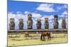Horses Grazing at the 15 Moai Restored Ceremonial Site of Ahu Tongariki-Michael-Mounted Photographic Print