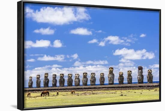 Horses Grazing at the 15 Moai Restored Ceremonial Site of Ahu Tongariki-Michael-Framed Photographic Print