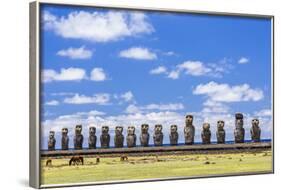 Horses Grazing at the 15 Moai Restored Ceremonial Site of Ahu Tongariki-Michael-Framed Photographic Print