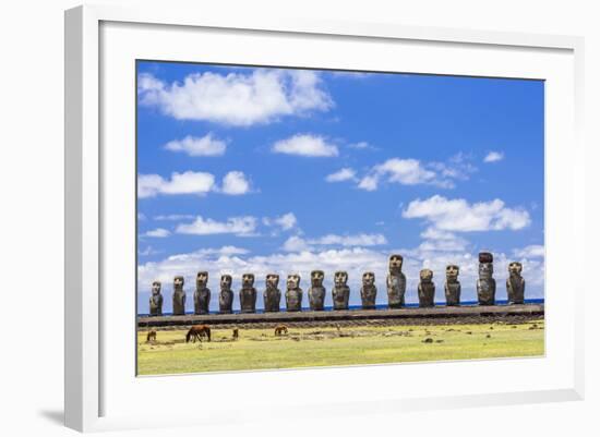 Horses Grazing at the 15 Moai Restored Ceremonial Site of Ahu Tongariki-Michael-Framed Photographic Print