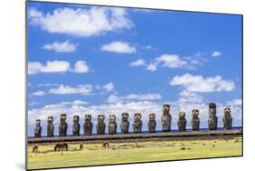 Horses Grazing at the 15 Moai Restored Ceremonial Site of Ahu Tongariki-Michael-Mounted Photographic Print