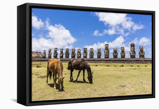 Horses Grazing at the 15 Moai Restored Ceremonial Site of Ahu Tongariki-Michael-Framed Stretched Canvas