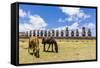 Horses Grazing at the 15 Moai Restored Ceremonial Site of Ahu Tongariki-Michael-Framed Stretched Canvas