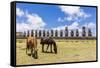 Horses Grazing at the 15 Moai Restored Ceremonial Site of Ahu Tongariki-Michael-Framed Stretched Canvas