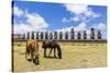 Horses Grazing at the 15 Moai Restored Ceremonial Site of Ahu Tongariki-Michael-Stretched Canvas