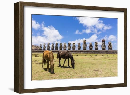 Horses Grazing at the 15 Moai Restored Ceremonial Site of Ahu Tongariki-Michael-Framed Photographic Print