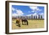 Horses Grazing at the 15 Moai Restored Ceremonial Site of Ahu Tongariki-Michael-Framed Photographic Print