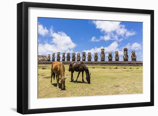 Horses Grazing at the 15 Moai Restored Ceremonial Site of Ahu Tongariki-Michael-Framed Photographic Print