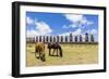 Horses Grazing at the 15 Moai Restored Ceremonial Site of Ahu Tongariki-Michael-Framed Photographic Print