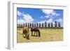 Horses Grazing at the 15 Moai Restored Ceremonial Site of Ahu Tongariki-Michael-Framed Photographic Print