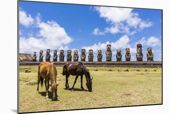 Horses Grazing at the 15 Moai Restored Ceremonial Site of Ahu Tongariki-Michael-Mounted Photographic Print
