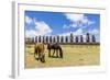 Horses Grazing at the 15 Moai Restored Ceremonial Site of Ahu Tongariki-Michael-Framed Photographic Print