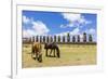 Horses Grazing at the 15 Moai Restored Ceremonial Site of Ahu Tongariki-Michael-Framed Photographic Print