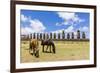 Horses Grazing at the 15 Moai Restored Ceremonial Site of Ahu Tongariki-Michael-Framed Photographic Print