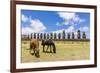 Horses Grazing at the 15 Moai Restored Ceremonial Site of Ahu Tongariki-Michael-Framed Photographic Print