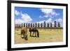 Horses Grazing at the 15 Moai Restored Ceremonial Site of Ahu Tongariki-Michael-Framed Photographic Print