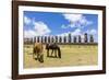 Horses Grazing at the 15 Moai Restored Ceremonial Site of Ahu Tongariki-Michael-Framed Photographic Print