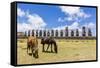 Horses Grazing at the 15 Moai Restored Ceremonial Site of Ahu Tongariki-Michael-Framed Stretched Canvas