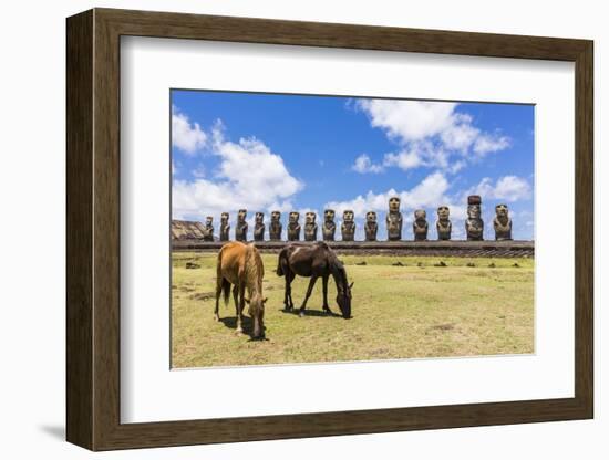 Horses Grazing at the 15 Moai Restored Ceremonial Site of Ahu Tongariki-Michael-Framed Photographic Print