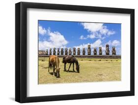 Horses Grazing at the 15 Moai Restored Ceremonial Site of Ahu Tongariki-Michael-Framed Photographic Print