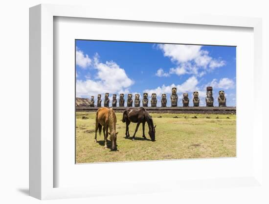 Horses Grazing at the 15 Moai Restored Ceremonial Site of Ahu Tongariki-Michael-Framed Photographic Print