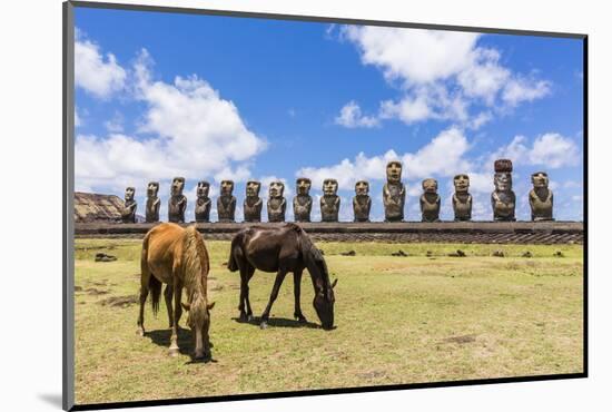 Horses Grazing at the 15 Moai Restored Ceremonial Site of Ahu Tongariki-Michael-Mounted Photographic Print