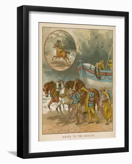 Horses Pull the Lifeboat across the Beach to the Sea-null-Framed Art Print