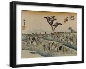 Horses Resting in a Meadow and Be Cared for by Servants-Utagawa Hiroshige-Framed Art Print