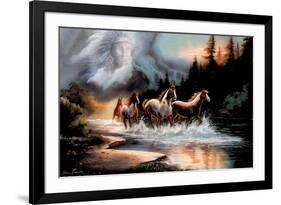 Horses Running in a River with a Native American Spirit-null-Framed Art Print