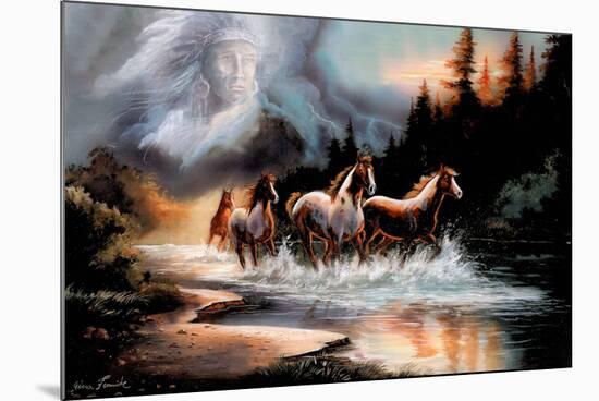 Horses Running in a River with a Native American Spirit-null-Mounted Art Print