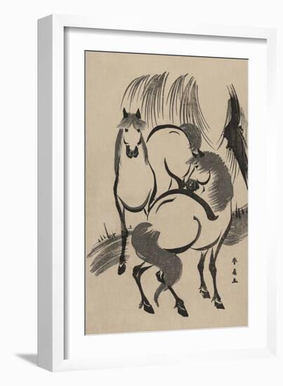 Horses under a Willow Tree.-Shunsen Katsukawa-Framed Art Print