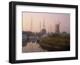 Horsey Wind Pump and Boats Moored on the Norfolk Broads at Dawn, Norfolk, England, United Kingdom-Miller John-Framed Photographic Print