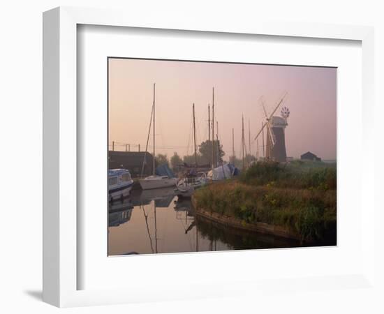 Horsey Wind Pump and Boats Moored on the Norfolk Broads at Dawn, Norfolk, England, United Kingdom-Miller John-Framed Photographic Print