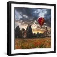 Hot Air Balloon Flying over Red Poppies Field Cappadocia Region, Turkey-Tetyana Kochneva-Framed Photographic Print