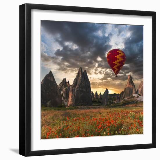 Hot Air Balloon Flying over Red Poppies Field Cappadocia Region, Turkey-Tetyana Kochneva-Framed Photographic Print