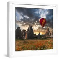 Hot Air Balloon Flying over Red Poppies Field Cappadocia Region, Turkey-Tetyana Kochneva-Framed Photographic Print